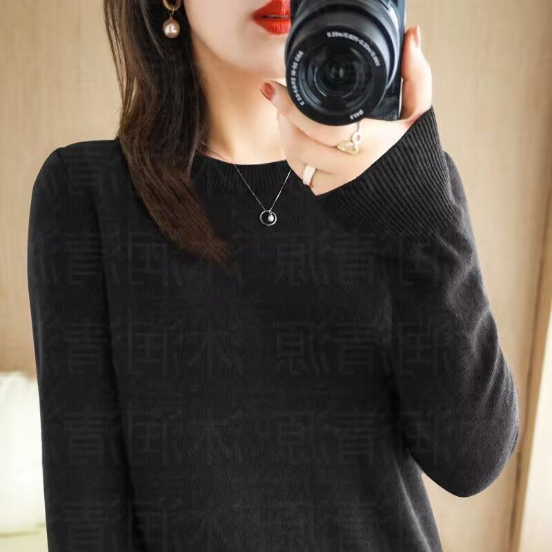 Round Neck Sweater Women'S Pullover Knitted Solid Color Long Sleeve Women'S Inner Warm Solid Color Base Shirt - Image 1